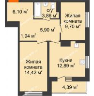 2 комнатная квартира 59,2 м² в ЖК Рассвет, дом № 4 - планировка