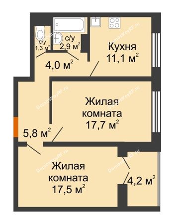 2 комнатная квартира 62,4 м² в ЖК Лазурный, дом позиция 30