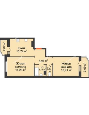 2 комнатная квартира 53,24 м² в Семейный квартал Достояние, дом Литер 1