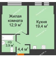 1 комнатная квартира 40,6 м² в ЖК Озерный парк, дом Корпус 5.1 - планировка