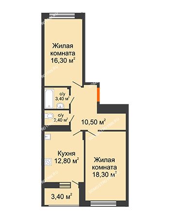 2 комнатная квартира 65,4 м² в ЖК Цветы 2, дом № 4