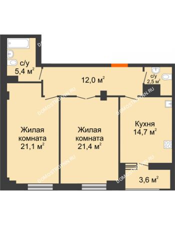 2 комнатная квартира 78,9 м² в ЖК Квартет, дом № 3