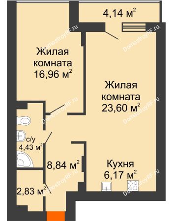 2 комнатная квартира 64,07 м² в ЖК Семья, дом № 2