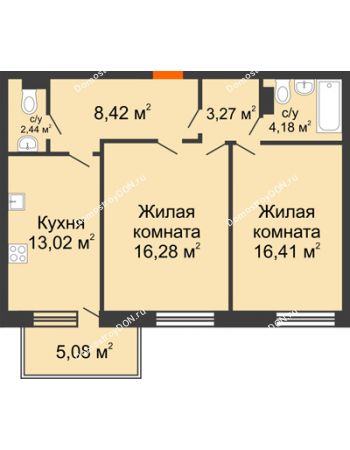 2 комнатная квартира 71,1 м² в ЖК Гвардейский 3.0, дом Секция 1