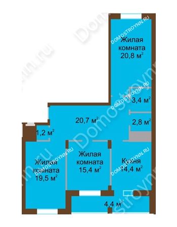 3 комнатная квартира 102,6 м² в ЖК Монолит, дом № 89, корп. 1, 2