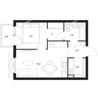 1 комнатная квартира 38,5 м² в ЖК Савин парк, дом корпус 5 - планировка