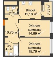 2 комнатная квартира 60,93 м² в ЖК Суворов-Сити, дом 2 очередь секция 1-5 - планировка