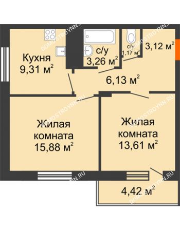 2 комнатная квартира 54,69 м² в ЖК Циолковский, дом № 3