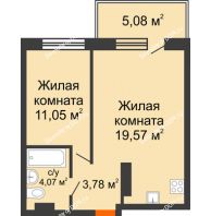 2 комнатная квартира 43,55 м² в ЖК Гвардейский 3.0, дом Секция 1 - планировка