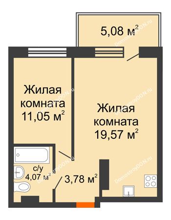 2 комнатная квартира 43,55 м² в ЖК Гвардейский 3.0, дом Секция 2