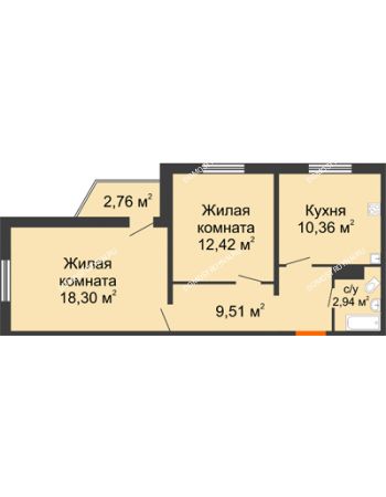 2 комнатная квартира 54,36 м² в ЖК Торпедо, дом № 15