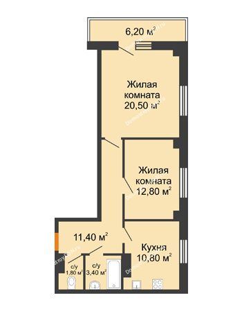 2 комнатная квартира 62,46 м² в ЖК Сокол на Оганова, дом Литер 1
