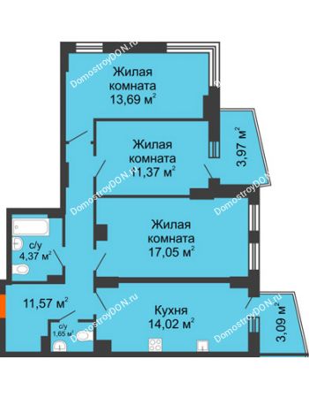 3 комнатная квартира 76,44 м² в ЖК Сердце Ростова 2, дом Литер 6