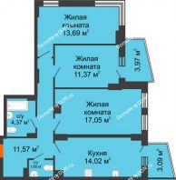 3 комнатная квартира 76,64 м² в ЖК Сердце Ростова 2, дом Литер 7 - планировка
