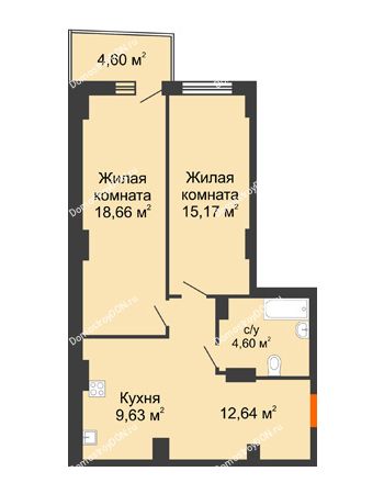2 комнатная квартира 61,75 м² в ЖК Сердце Ростова 2, дом Литер 8