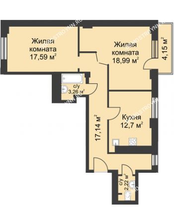 2 комнатная квартира 73,97 м² - ЖК На Ошарской