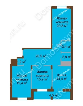 3 комнатная квартира 102,2 м² в ЖК Монолит, дом № 89, корп. 1, 2