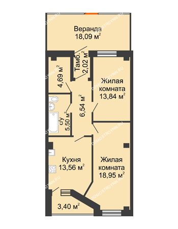 2 комнатная квартира 84,89 м² в ЖК Дом на Провиантской, дом № 12