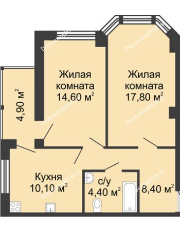 2 комнатная квартира 60,2 м² в ЖК Мега, дом № 118, секция 2