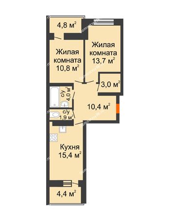 2 комнатная квартира 63,8 м² в ЖК Отражение, дом Литер 2.1