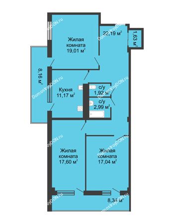 3 комнатная квартира 92,7 м² в  ЖК РИИЖТский Уют, дом Секция 1-2