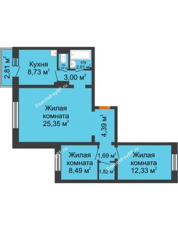 3 комнатная квартира 70,27 м² в Микрорайон Нанжуль-Солнечный, дом № 5