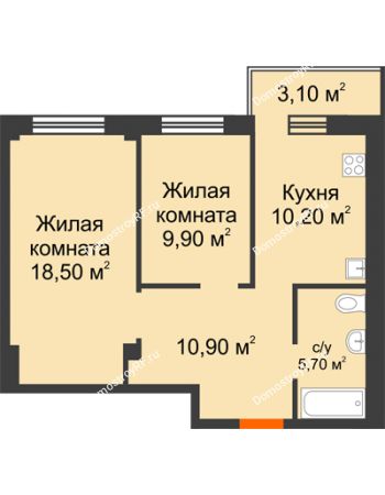 2 комнатная квартира 56,13 м² в Микрорайон Европейский, дом №9 блок-секции 1,2