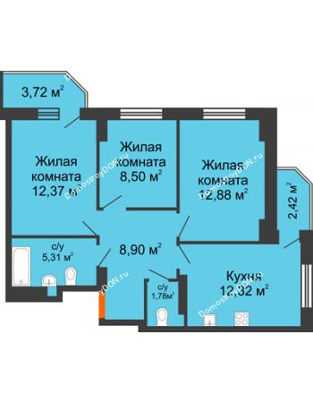3 комнатная квартира 64,94 м² в ЖК Свобода, дом №2