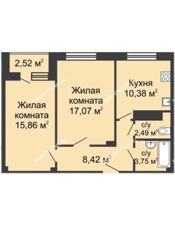 2 комнатная квартира 59,76 м² в ЖК Облака, дом № 1