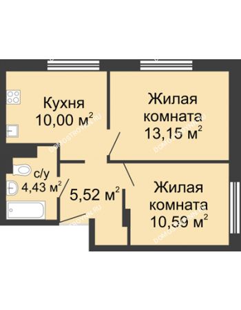 2 комнатная квартира 43,69 м² в ЖК Клевер, дом № 2