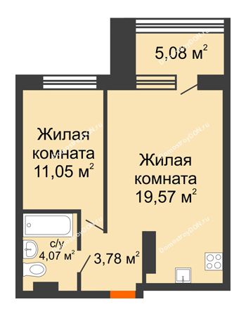 2 комнатная квартира 43,02 м² в ЖК Гвардейский 3.0, дом Секция 1