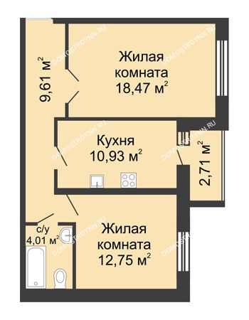 2 комнатная квартира 57,13 м² - ЖК Волжский-Берег	
