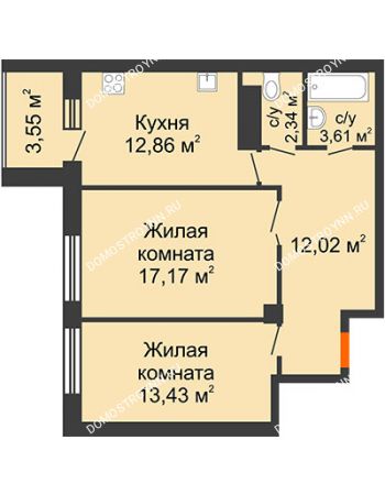 2 комнатная квартира 68,67 м² в ЖК Облака, дом № 2