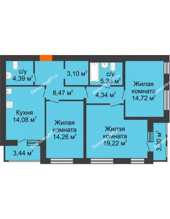 3 комнатная квартира 91,33 м² в ЖК Бунин, дом 2 этап секция 8-10