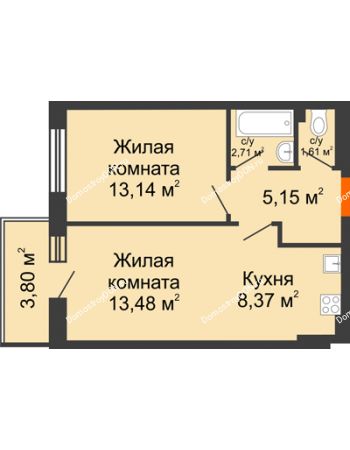 2 комнатная квартира 48,26 м² в ЖК Днепровская Роща, дом № 2