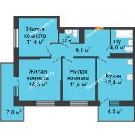 3 комнатная квартира 64,8 м² в ЖК Отражение, дом Литер 1.2 - планировка