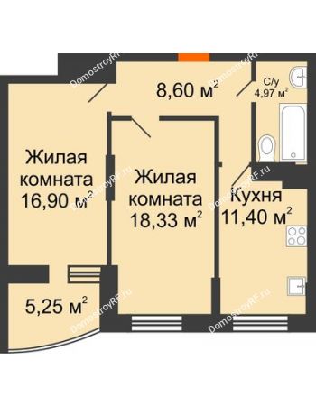 2 комнатная квартира 62,82 м² в ЖК Россинский парк, дом Литер 2