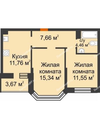 2 комнатная квартира 52,73 м² в ЖК Светлоград, дом Литер 16