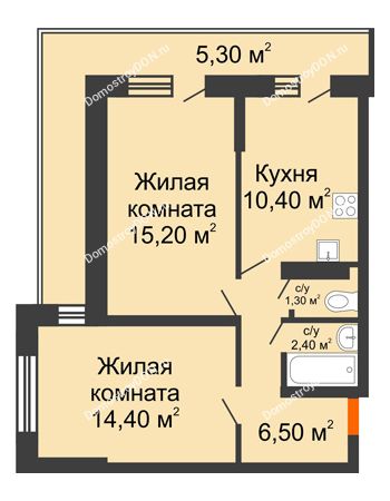 2 комнатная квартира 63 м² в ЖК SkyPark (Скайпарк), дом Литер 1, корпус 1, блок-секция 2-3