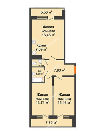 2 комнатная квартира 72,48 м² в МКР Родные просторы, дом Литер 7