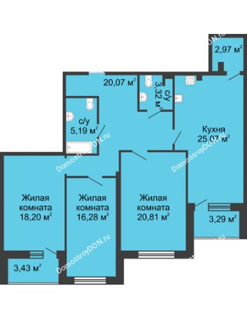 3 комнатная квартира 120 м² в ЖК Тихий Дон, дом № 1