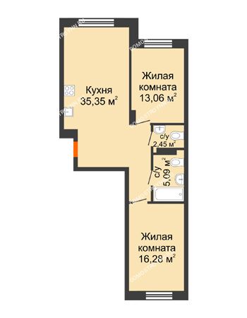 2 комнатная квартира 72,23 м² - ЖК Шаляпин