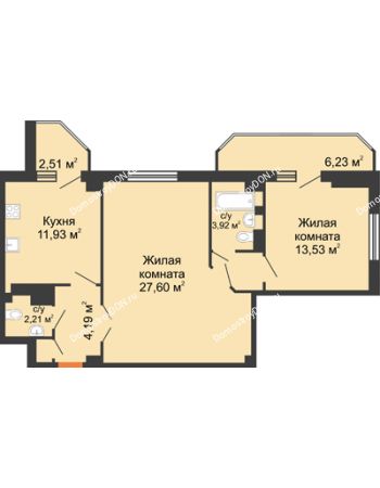 2 комнатная квартира 74,58 м² - ЖК Гармония