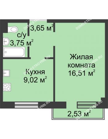 1 комнатная квартира 33,54 м² в ЖК Тридесятое (Экопарк Березовка), дом № 19