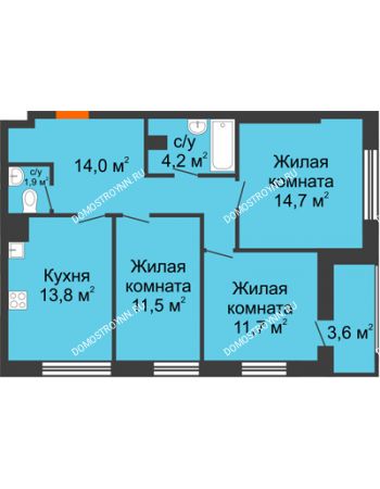 3 комнатная квартира 75,7 м² в ЖК Подкова на Родионова, дом № 2