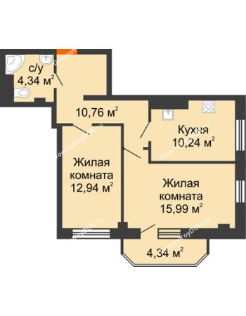 2 комнатная квартира 58,61 м² в ЖК Горизонт, дом № 2
