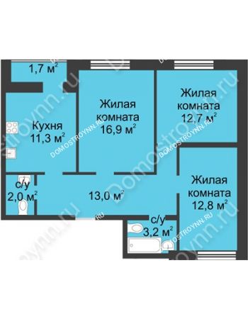 3 комнатная квартира 73,6 м² - ЖК Дом на Иванова