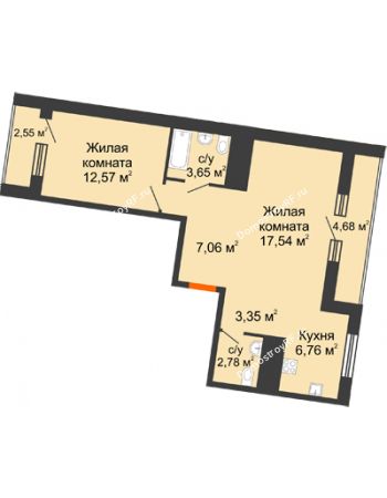 2 комнатная квартира 57,33 м² в ЖК Зеленодар, дом Литер 1