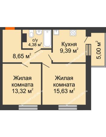 2 комнатная квартира 56,37 м² в ЖК Гвардейский 3.0, дом Секция 3