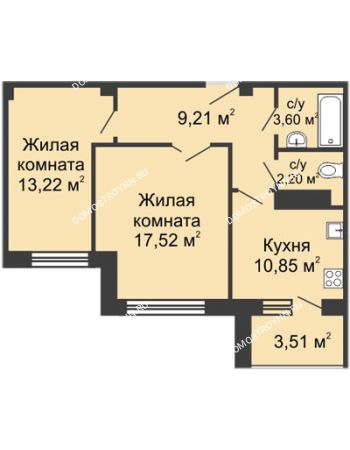 2 комнатная квартира 57,28 м² в ЖК Облака, дом № 1